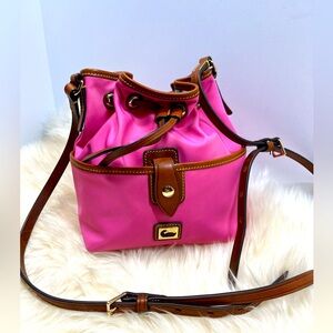 Dooney& Bourke Nylon Wayfarer Drawstring Pink Bucket Bag with Leather Trim